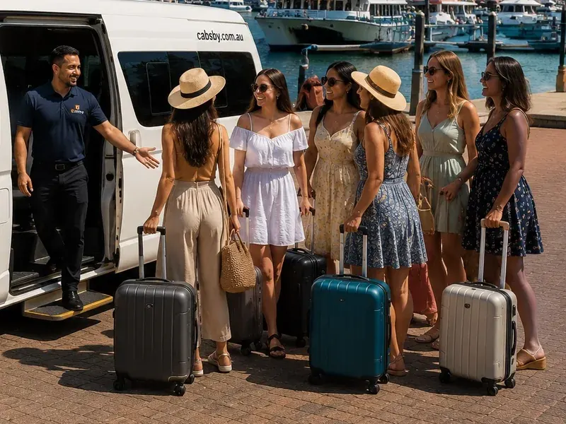 Group with suitcases beside a Cabsby XL vehicle on Sydney Harbour