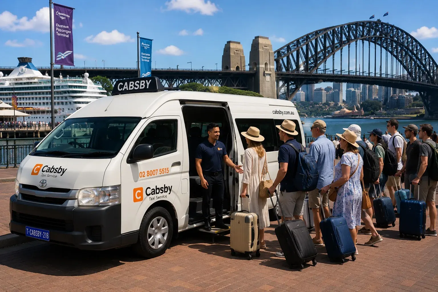 Group boarding a Cabsby XL vehicle at a Sydney cruise terminal with luggage
