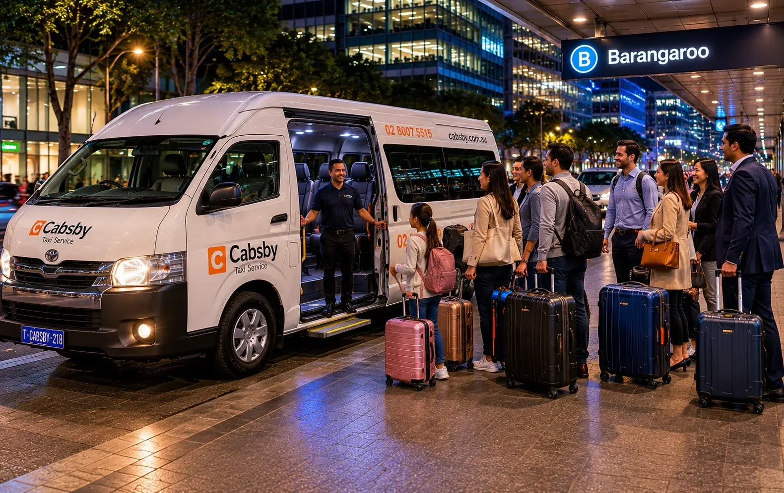 Group with luggage beside a Cabsby XL vehicle in Sydney